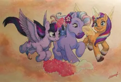 Size: 1280x863 | Tagged: safe, artist:алексиса якура, derpibooru import, sunny starscout, twilight sparkle, wysteria, alicorn, earth pony, g3, g5, 2d, flower, flower in hair, flying, g4, image, jpeg, multicolored hair, rainbow hair, sky, smiling, traditional art