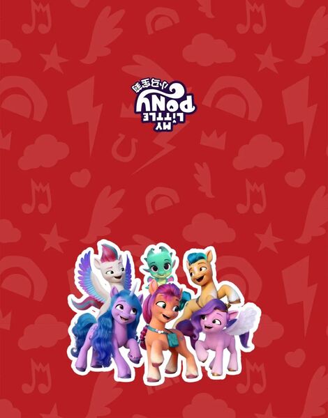 Size: 1080x1379 | Tagged: safe, derpibooru import, official, hitch trailblazer, izzy moonbow, pipp petals, sparky sparkeroni, sunny starscout, zipp storm, g5, chinese text, cutie mark, image, jpeg, logo, mane five, moon runes, red background, simple background