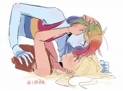 Size: 1980x1477 | Tagged: safe, artist:zoe1003, derpibooru import, applejack, rainbow dash, human, equestria girls, appledash, female, humanized, image, jpeg, lesbian, looking at each other, looking at someone, lying down, on back, shipping