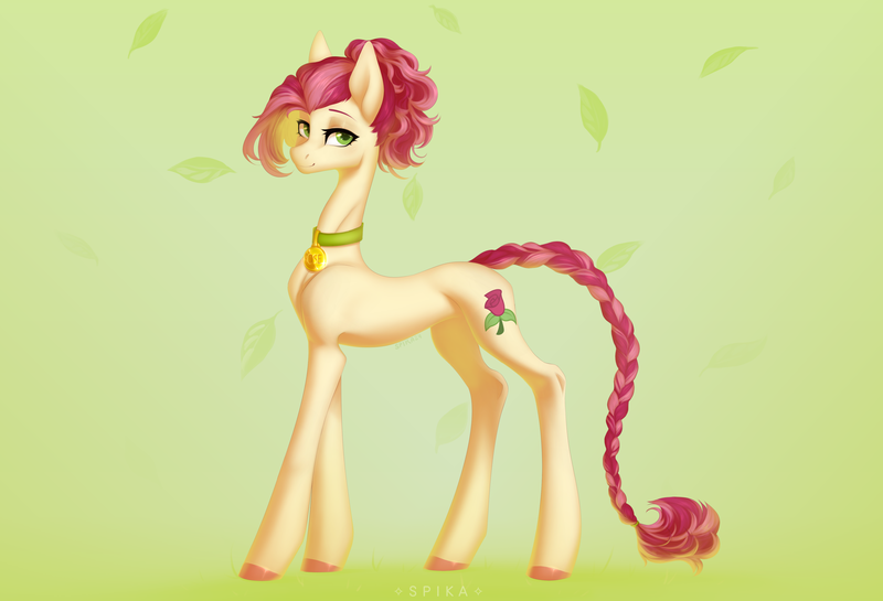 Size: 4400x3000 | Tagged: safe, artist:spika, derpibooru import, roseluck, pony, alternate hairstyle, braid, braided tail, collar, commission, commissioner:doom9454, cute, image, pet tag, png, pony pet, ponytail, rosepet, standing, tail