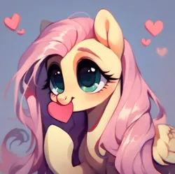 Size: 922x918 | Tagged: safe, ai content, derpibooru import, machine learning assisted, machine learning generated, stable diffusion, fluttershy, pegasus, pony, big eyes, blue background, blushing, cute, g4, generator:purplesmart.ai, green eyes, heart, hearts and hooves day, image, long hair, long mane, looking at you, pink hair, png, prompter:saltyvity, simple background, smiley face, smiling, smiling at you, solo