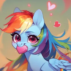 Size: 926x922 | Tagged: safe, ai content, derpibooru import, machine learning assisted, machine learning generated, stable diffusion, rainbow dash, pegasus, pony, blushing, g4, generator:purplesmart.ai, happy, heart, hearts and hooves day, image, long hair, long mane, looking at you, multicolored hair, pink eyes, png, present, prompter:saltyvity, rainbow hair, smiley face, smiling, smiling at you, solo