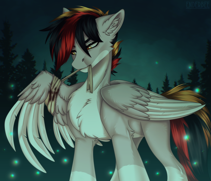 Size: 2800x2400 | Tagged: questionable, artist:enderbee, derpibooru import, oc, oc:primaryforce, firefly (insect), insect, pegasus, pony, bandage, bandaged wing, forest, full body, healing, image, injured, male, nature, png, solo, stallion, tree, wings