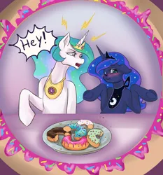 Size: 2564x2747 | Tagged: safe, artist:polnocnykot, derpibooru import, princess celestia, princess luna, alicorn, pony, angry, armor, bib, bipedal, blushing, breastplate, crescent moon, crown, crumbs, cute, dialogue, donut, duo, duo female, eyeshadow, female, food, funny, g4, hey, horn, image, jewelry, jpeg, lightning, looking at each other, looking at someone, looking back, makeup, mare, missing accessory, moon, multicolored hair, one eye closed, open mouth, raised hoof, regalia, shrug, siblings, simple background, sisters, sitting, speech bubble, text, two toned mane, underhoof, wingless