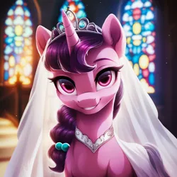 Size: 1024x1024 | Tagged: safe, ai content, derpibooru import, machine learning generated, prompter:maresforever, stable diffusion, sugar belle, pony, unicorn, church, clothes, dress, g4, generator:purplesmart.ai, image, jewelry, looking at you, png, smiling, solo, tiara, wedding dress, wedding veil