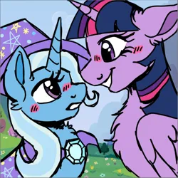 Size: 1076x1075 | Tagged: safe, artist:neongin, derpibooru import, trixie, twilight sparkle, twilight sparkle (alicorn), alicorn, pony, unicorn, blushing, chest fluff, cute, ear fluff, enemiestolovers, female, height difference, image, jpeg, lesbian, ship:twixie, shipping, short, tall