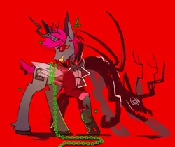 Size: 1900x1600 | Tagged: safe, artist:murl_qnt, derpibooru import, ponified, changeling, deer, hybrid, pony, alastor, antlers, chains, clothes, deer tail, hazbin hotel, horn, image, male, png, red background, sharp teeth, simple background, solo, stallion, tail, teeth, wings