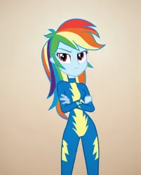 Size: 824x1024 | Tagged: safe, ai content, derpibooru import, machine learning generated, stable diffusion, rainbow dash, human, equestria girls, clothes, crossed arms, eyebrows, female, frown, g4, generator:pony diffusion v6 xl, gradient background, image, looking away, png, raised eyebrow, serious, serious face, show accurate, solo, standing, unamused, uniform, wonderbolts uniform