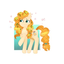Size: 3000x3000 | Tagged: safe, artist:aasuriart, derpibooru import, pear butter, earth pony, pony, the perfect pear, blue eyes, flower, flower in hair, food, glow, glowing eyes, glowing mane, heart, high res, image, light skin, love, orange, png, simple background, solo, standing, white background
