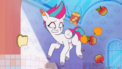 Size: 520x293 | Tagged: safe, derpibooru import, edit, edited screencap, screencap, zipp storm, pegasus, pony, unicorn, g5, my little pony: tell your tale, spoiler:g5, spoiler:my little pony: tell your tale, spoiler:tyts02e05, animated, bouncing, gif, gifrun.com, image, misty brightdawn, misty-rious new room, reversed