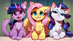 Size: 1600x904 | Tagged: safe, ai content, derpibooru import, machine learning generated, prompter:doom9454, stable diffusion, fluttershy, rarity, twilight sparkle, cat, catified, cute, fangs, fluffy, generator:pony diffusion v6 xl, image, png, species swap, trio