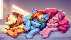 Size: 1600x904 | Tagged: safe, ai content, derpibooru import, machine learning generated, prompter:doom9454, stable diffusion, applejack, pinkie pie, rainbow dash, cat, catified, cute, fangs, fluffy, generator:pony diffusion v6 xl, image, png, sleeping, species swap