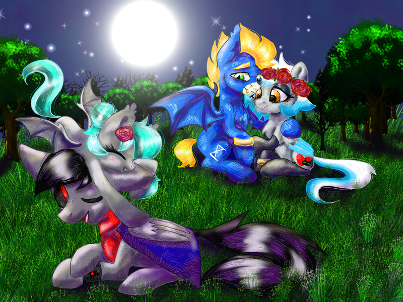 Size: 2560x1920 | Tagged: safe, artist:just_yuki, derpibooru import, oc, oc:13 nightmares, oc:voldemar helm, oc:yuki lovec, unofficial characters only, bat pony, pegasus, pony, bat pony oc, bat wings, bush, clothes, dead tree, digital art, eyes closed, eyes open, eyeshadow, fangs, female, floral head wreath, flower, flower in hair, foal, grass, image, jewelry, makeup, male, moon, night, open mouth, pegasus oc, png, ring, scarf, sky, socks, stallion, stars, tree, wings