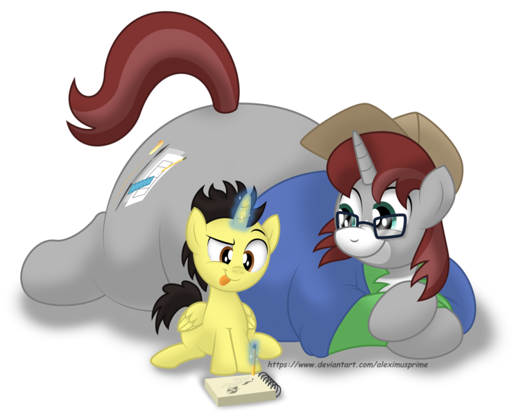 Size: 1600x1290 | Tagged: safe, artist:aleximusprime, derpibooru import, oc, oc:khaki-cap, oc:paper butt, oc:paper cap, oc:tommy the human, unofficial characters only, alicorn, pony, unicorn, :p, alicorn oc, cap, colt, commission, commissioner:bigonionbean, drawing, duo, duo male, fat, foal, fusion, glasses, hat, horn, image, lying down, magic, male, pencil, png, prone, simple background, smiling, stallion, telekinesis, tongue out, transparent background, unicorn oc, wings