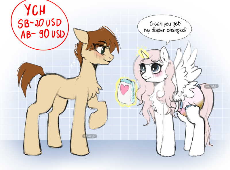 Size: 3425x2539 | Tagged: questionable, artist:vaiola, derpibooru import, alicorn, earth pony, pony, advertisement, auction, big eyes, blushing, chest fluff, commission, couple, cute, diaper, diaper fetish, duo, eyebrows, family, female, fetish, full body, happy, horn, image, magic, mare, mother and child, mother and daughter, non-baby in diaper, png, poofy diaper, shy, simple background, speech bubble, tail, text, urine, wet diaper, white background, wings, ych example, your character here