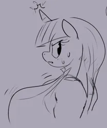 Size: 726x870 | Tagged: suggestive, artist:notsafeforsanity, derpibooru import, part of a set, twilight sparkle, anthro, unicorn, g4, big breasts, breast expansion, breasts, busty twilight sparkle, growth, huge breasts, image, impossibly large breasts, looking back, magic, monochrome, png, sketch, solo, sweat