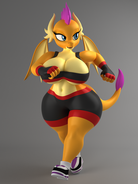 Size: 1500x2000 | Tagged: suggestive, artist:argos90, derpibooru import, smolder, anthro, dragon, plantigrade anthro, 3d, 3d model, belly button, big breasts, breasts, busty smolder, cleavage, clothes, dragoness, female, fingerless gloves, gloves, gradient background, huge breasts, image, png, shorts, shortstack, sports bra, sports shorts, thighs, thunder thighs, wide hips