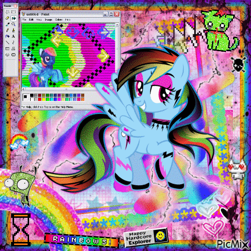 Size: 500x500 | Tagged: safe, artist:theshadowstone, derpibooru import, rainbow dash, pegasus, undead, zombie, alternate hairstyle, animated, blingee, choker, complex background, dance dance revolution, exploitable meme, eyeshadow, female, g4, gif, gir, goth, grin, heart, heart eyes, hourglass, image, invader zim, looking sideways, makeup, meme, mouse cursor, ms paint, picmix, ponymania, rainbow, seizure warning, skull, smiling, solo, tattoo, toy, toy interpretation, webcore, wingding eyes