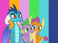 Size: 2468x1804 | Tagged: safe, artist:detailedatream1991, derpibooru import, princess ember, smolder, spike, dragon, arm around neck, dragon trio, dragoness, female, high res, image, male, png, striped background, trio, winged spike, wings