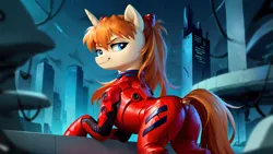 Size: 3840x2160 | Tagged: suggestive, ai content, derpibooru import, machine learning generated, prompter:chomp country, stable diffusion, ponified, pony, unicorn, bodysuit, butt, city, cityscape, clothes, crossover, dock, female, futuristic, generator:pony diffusion v6 xl, generator:purplesmart.ai, high res, image, looking at you, looking back, looking back at you, mare, neon genesis evangelion, night, plot, plugsuit, png, smiling, smirk, solo, solo female, souryuu asuka langley, tail, wallpaper