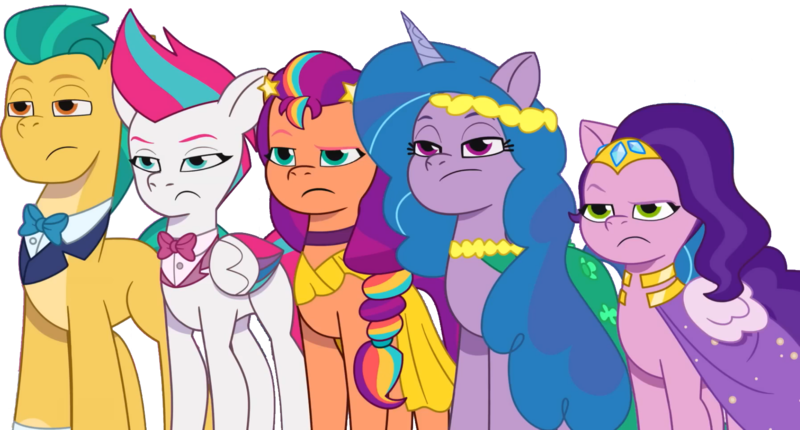 Size: 1702x914 | Tagged: safe, artist:pascalmulokozi2, derpibooru import, edit, edited screencap, screencap, hitch trailblazer, izzy moonbow, pipp, pipp petals, sunny starscout, zipp storm, earth pony, pegasus, pony, unicorn, g5, my little pony: tell your tale, spoiler:g5, spoiler:my little pony: tell your tale, spoiler:tyts01e32, annoyed, baby critters, female, image, male, mane five, not a vector, pipp is short, pipp is smol, png, simple background, transparent background