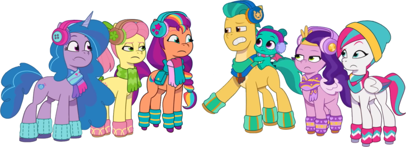 Size: 1789x650 | Tagged: safe, artist:pascalmulokozi2, derpibooru import, edit, edited screencap, screencap, hitch trailblazer, izzy moonbow, pipp petals, posey (g5), sparky sparkeroni, sunny starscout, zipp storm, dragon, earth pony, pegasus, pony, unicorn, g5, my little pony: tell your tale, spoiler:g5, spoiler:my little pony: tell your tale, spoiler:tyts01e37, clothes, earmuffs, female, hat, image, male, not a vector, png, scarf, simple background, snow pun intended, transparent background, winter hat, winter outfit