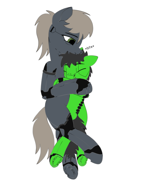 Size: 1500x2000 | Tagged: safe, artist:zocidem, derpibooru import, oc, oc:headspace, oc:wrench, unofficial characters only, cyborg, earth pony, pony, augmented, bedroom eyes, biting, cuddling, ear bite, image, no shading, png, simple background
