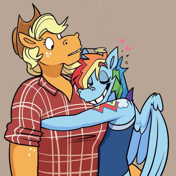 Size: 873x871 | Tagged: safe, artist:beastofeuthanasia, derpibooru import, applejack, rainbow dash, anthro, alternative cutie mark placement, appledash, brown background, drunk, drunker dash, female, flannel shirt, freckles, grin, hug, image, jpeg, lesbian, shipping, simple background, smiling, straw in mouth