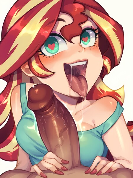 Size: 2880x3840 | Tagged: explicit, ai content, derpibooru import, editor:sammykun, machine learning generated, stable diffusion, sunset shimmer, oc, oc:anon, human, equestria girls, big penis, blouse, breasts, collarbone, drool, drool string, female, g4, generator:pony diffusion v6 xl, generator:purplesmart.ai, glazed dick, heart, heart eyes, humanized, image, jpeg, male, male pov, nail polish, nudity, offscreen character, offscreen male, penis, pov, precum, prompter:bazed, salivating, thick penis, tongue out, vein, veiny cock, wingding eyes