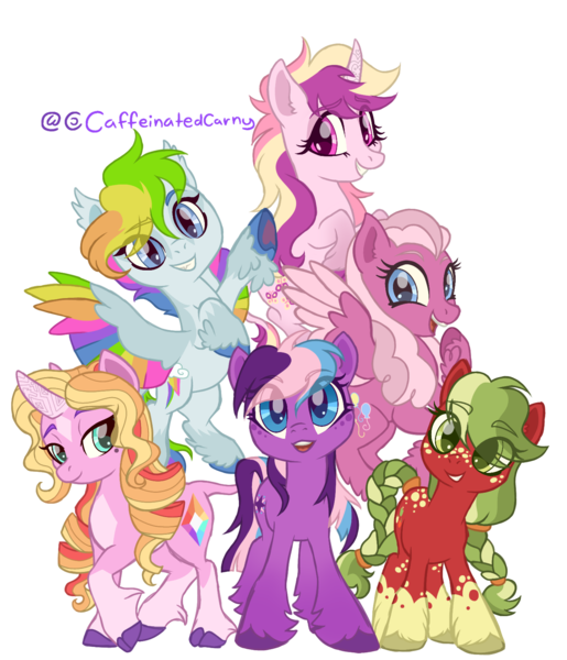 Size: 1460x1700 | Tagged: safe, artist:caffeinatedcarny, derpibooru import, applejack (g3), fluttershy (g3), pinkie pie (g3), rainbow dash (g3), rarity (g3), twilight twinkle, earth pony, pegasus, pony, unicorn, g3, base used, beauty mark, butt freckles, cloven hooves, coat markings, colored hooves, colored wings, countershading, facial markings, fangs, feathered fetlocks, freckles, g3 to g4, g4, generation leap, gradient hooves, group photo, horn, horn runes, image, leonine tail, looking at you, markings, png, race swap, redesign, redraw, simple background, slit pupils, socks (coat marking), star (coat marking), tail, tail feathers, transparent background, underhoof, unshorn fetlocks, wings