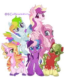 Size: 1460x1700 | Tagged: safe, artist:caffeinatedcarny, derpibooru import, applejack (g3), fluttershy (g3), pinkie pie (g3), rainbow dash (g3), rarity (g3), twilight twinkle, earth pony, pegasus, pony, unicorn, g3, base used, beauty mark, butt freckles, cloven hooves, coat markings, colored hooves, colored wings, countershading, facial markings, fangs, feathered fetlocks, freckles, g3 to g4, g4, generation leap, gradient hooves, group photo, horn, horn runes, image, leonine tail, looking at you, markings, png, race swap, redesign, redraw, simple background, slit pupils, socks (coat marking), star (coat marking), tail, tail feathers, transparent background, underhoof, unshorn fetlocks, wings
