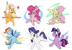 Size: 3717x2562 | Tagged: safe, artist:doodledonutart, derpibooru import, applejack, fluttershy, pinkie pie, rainbow dash, rarity, twilight sparkle, earth pony, pegasus, pony, unicorn, apple, butt, chest fluff, face down ass up, female, flutterbutt, food, g4, grin, high res, image, lidded eyes, mane six, mare, missing cutie mark, open mouth, open smile, plot, png, silly, simple background, smiling, speech bubble, white background