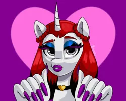 Size: 2048x1638 | Tagged: safe, artist:zendora, oc, oc:nova abaddon "apollyon", unofficial characters only, anthro, unicorn, bust, choker, crossdressing, eyeshadow, femboy, girly, heart, horn, image, lidded eyes, lipstick, long nails, looking at you, makeup, male, painted nails, png, raised eyebrow, solo, spongebob reference, unicorn oc