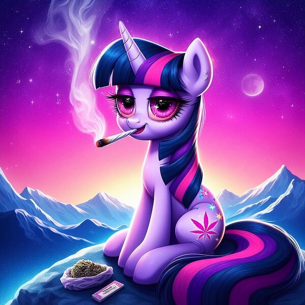 Size: 1024x1024 | Tagged: questionable, ai content, derpibooru import, machine learning generated, twilight sparkle, drugs, high, image, joint, jpeg, marijuana, stoned