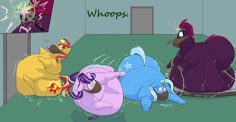 Size: 3500x1817 | Tagged: questionable, semi-grimdark, artist:lupin quill, derpibooru import, starlight glimmer, sunset shimmer, tempest shadow, trixie, pony, unicorn, fanfic:feedbag, series:the feedbag subjects, bag, bed, belly, belly bed, big belly, blob, bondage, dialogue, fat, fat fetish, feed bag, fetish, food baby, force feeding, g4, huge belly, image, immobile, implied queen chrysalis, impossibly large belly, magic suppression, morbidly obese, muffled words, near immobile, obese, offscreen character, png, shackles, slobset shimmer, starlard glimmer, stuffed belly, stuffing, tempest blubber, the great and bountiful trixie, weight gain, weight gain sequence