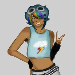 Size: 1000x1000 | Tagged: safe, artist:sunnymartinez, derpibooru import, rainbow dash, human, alternate hairstyle, armpit hair, belly button, belly piercing, belt, clothes, dark skin, eyebrow piercing, female, goggles, goggles on head, gray background, grin, humanized, image, lip piercing, midriff, pants, peace sign, piercing, png, simple background, smiling, snake bites, solo, tanktop