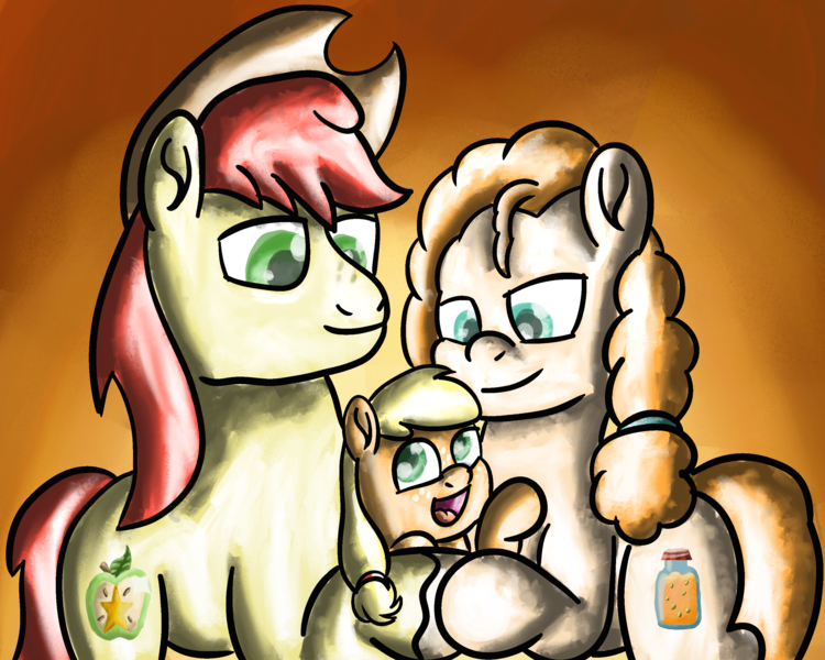 Size: 3000x2400 | Tagged: safe, artist:saburodaimando, derpibooru import, applejack, bright mac, pear butter, earth pony, pony, cowboy hat, family, father and child, father and daughter, female, filly, filly applejack, g4, gradient background, hat, high res, hug, husband and wife, image, looking at someone, male, mare, mother and child, mother and daughter, open mouth, open smile, orange background, png, simple background, smiling, stallion, trio, younger