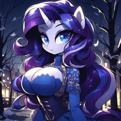 Size: 1024x1024 | Tagged: suggestive, ai content, derpibooru import, machine learning generated, prompter:glimmy-glam, rarity, anthro, unicorn, big breasts, boob window, breasts, busty rarity, cleavage, clothes, corset, dress, frown, generator:dall-e 3, image, jpeg, looking at you, snow, solo, sweater, tree, turtleneck, winter