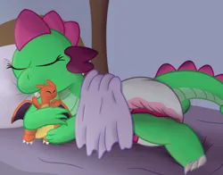 Size: 3400x2665 | Tagged: safe, artist:sweetielover, derpibooru import, oc, oc:goldigony, unofficial characters only, charizard, dragon, bed, bedroom, blanket, cute, daaaaaaaaaaaw, diaper, diaper fetish, eyes closed, female, fetish, g4, high res, hug, image, ocbetes, pillow, pink diaper, plushie, png, pokémon, sleeping, solo