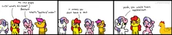 Size: 1591x334 | Tagged: safe, artist:leopardsnaps, derpibooru import, apple bloom, diamond tiara, scootaloo, sweetie belle, bird, chicken, dog, earth pony, pegasus, pony, unicorn, comic, comic strip, cutie mark crusaders, dialogue, female, filly, foal, funny, image, png, puppy, simple background, swearing, text, vulgar