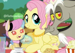 Size: 2160x1528 | Tagged: safe, artist:flutterandcord, derpibooru import, discord, fluttershy, hybrid, pony, cup, discoshy, drink, eating, family, father and child, father and daughter, female, filly, foal, food, image, interspecies offspring, jewelry, jpeg, male, mother and child, mother and daughter, muffin, necklace, offspring, older, older fluttershy, outdoors, parent:discord, parent:fluttershy, parents:discoshy, photo, picnic, picnic blanket, popcorn, shipping, straight, teacup, watermark