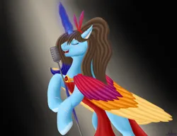 Size: 3000x2300 | Tagged: safe, artist:valdemar, derpibooru import, oc, oc:yulianna remedy, unofficial characters only, alicorn, pony, alicorn oc, clothes, colored wings, dress, eyes closed, female, horn, image, jewelry, magic, mare, microphone, microphone stand, multicolored wings, open mouth, png, ponytail, singing, solo, spotlight, wings