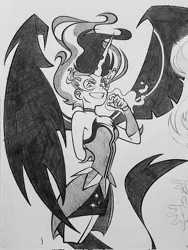 Size: 1536x2048 | Tagged: safe, artist:imthejvn, derpibooru import, sci-twi, twilight sparkle, human, equestria girls, female, grayscale, grin, image, jpeg, looking at you, midnight sparkle, monochrome, smiling, smiling at you, solo, traditional art