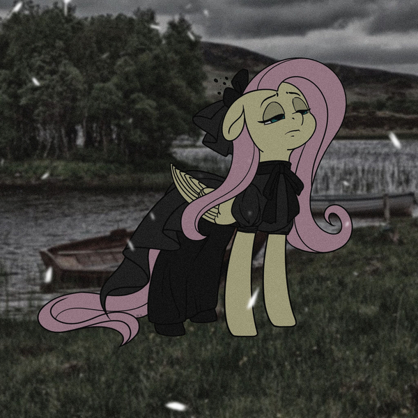 Size: 1280x1280 | Tagged: safe, artist:breezy-bloom, derpibooru import, fluttershy, pegasus, pony, black dress, clothes, dress, female, floppy ears, image, jpeg, lidded eyes, mare, real life background, solo