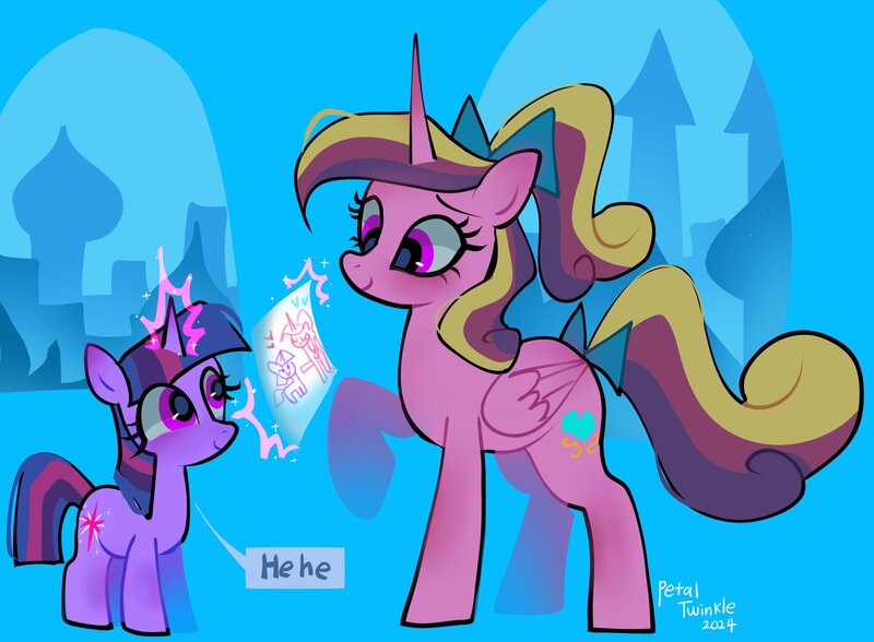 Size: 2048x1504 | Tagged: safe, artist:petaltwinkle, derpibooru import, princess cadance, twilight sparkle, alicorn, pony, unicorn, cute, cutedance, drawing, duo, female, filly, filly twilight sparkle, foal, image, jpeg, levitation, magic, mare, smiling, teen princess cadance, telekinesis, twiabetes, unicorn twilight, younger