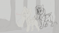 Size: 560x315 | Tagged: safe, artist:jazzwolfblaze, derpibooru import, fluttershy, pony, animated, female, forest, gif, image, mare, nature, sketch, solo, tree, walking, wip