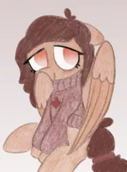 Size: 1020x1379 | Tagged: safe, artist:castafae, derpibooru import, oc, oc:autumnal potpourri, unofficial characters only, pegasus, pony, blind, blushing, clothes, female, floppy ears, gray background, hiding behind wing, image, mare, partially open wings, png, simple background, sitting, solo, sweater, wings