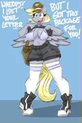 Size: 2731x4096 | Tagged: suggestive, artist:flutterthrash, derpibooru import, derpy hooves, anthro, pegasus, belly button, bra, breasts, busty derpy hooves, cargo shorts, clothes, converse, dialogue, female, g4, image, jpeg, midriff, pockets, shirt, shirt lift, shoes, sneakers, socks, thigh highs, underwear, wings