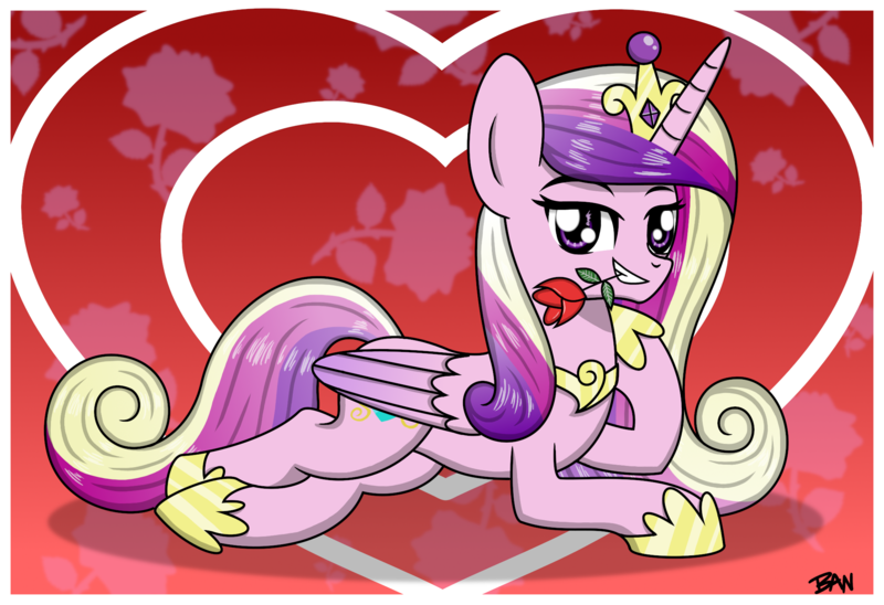 Size: 2087x1430 | Tagged: safe, artist:banquo0, derpibooru import, princess cadance, alicorn, female, flower, flower in mouth, folded wings, image, jewelry, lidded eyes, looking at you, lying down, mouth hold, png, regalia, rose, rose in mouth, smiling, smiling at you, solo, wings
