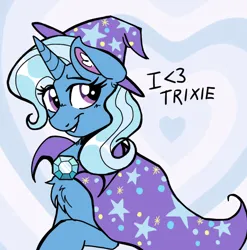 Size: 1066x1078 | Tagged: safe, artist:neongin, derpibooru import, trixie, pony, unicorn, adorable face, best pony, cape, chest fluff, clothes, cute, female, g4, great and powerful, hat, heart, image, jpeg, looking at you, love, mare, smiling, solo, trixie's cape, trixie's hat